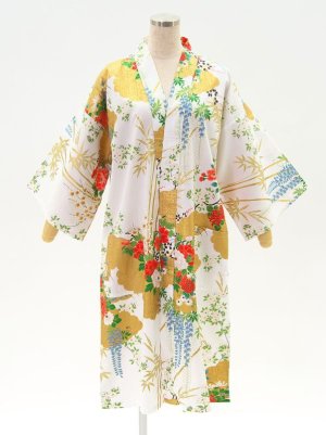 Photo1: Bamboo and peony "Happi-coat" robe