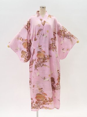 Photo1: Silk Chrysanthemum ＆ Crane "KIMONO" robe