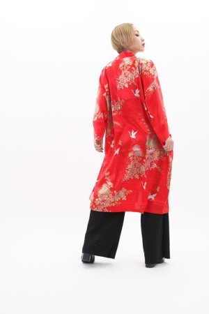 Photo1: Silk Chrysanthemum & Crane "Happi-Coat" robe