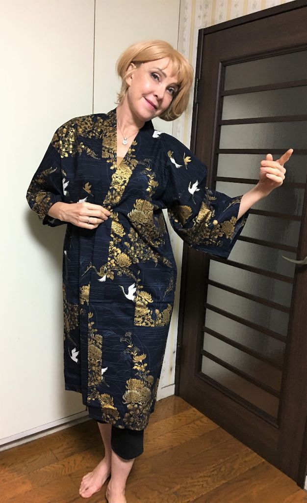 Navy Cotton Crane and Chrysanthemum Kimono