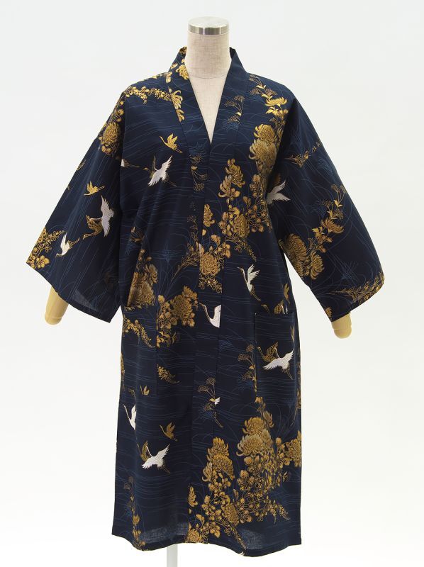 Photo1: Chrysanthemum & Crane  "Happi-coat" robe